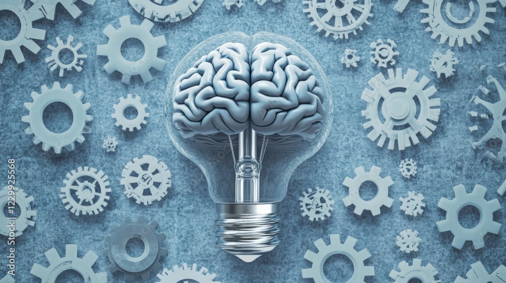 Aufkleber a brain-shaped light bulb surrounded by gears and cogs, symbolizing ideas and innovation, against a 
