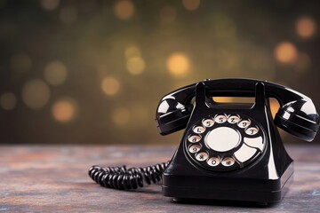 Classic black rotary phone on a textured surface, evoking nostalgia and vintage charm with a blurred bokeh background.