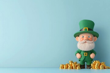 Fototapeta premium Cheerful leprechaun standing beside piles of gold coins, perfect for St Patrick s Day celebrations, conveying joy and fortune