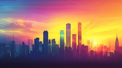 Fototapeta premium A breathtaking sunset view of a skyline silhouette, with skyscrapers standing tall against a colorful sky, evoking a sense of tranquility and reflection.