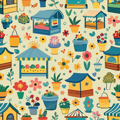 Seamless Spring Market and Fresh Flower Stalls Pattern – Lively and Cheerful. Perfect for: Spring, farmers' markets, creative branding, playful designs