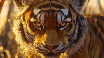 Tiger's Gaze: A majestic Bengal tiger with piercing yellow eyes and a striking orange and black striped coat stares intensely at the camera, exuding power, grace, and wild beauty.