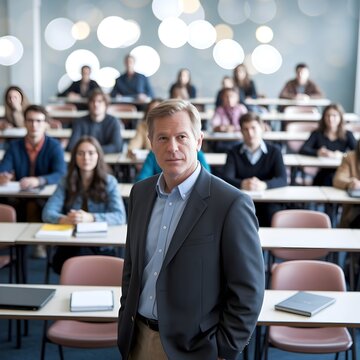 Un profesor de unos 50 a&ntilde;os parado frente a una sala de conferencias de la universidad y se&ntilde;alando a la pantalla.
Hay 40 sillas en el aula con 30 estudiantes sentados.
El g&eacute;nero se divide en 20 hombre
