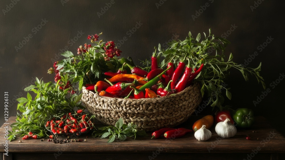 Poster a bright and colorful display of assorted chili peppers in a woven basket, alongside fresh herbs and