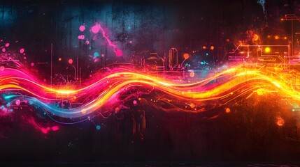 A chaotic graffiti background with swirling neon streaks, splatter effects, and grungy textures
