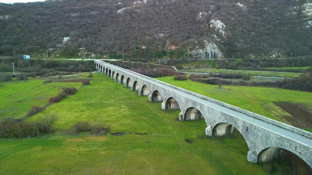 Tsarev Bridge over the Zeta River in Montenegro - aerial view