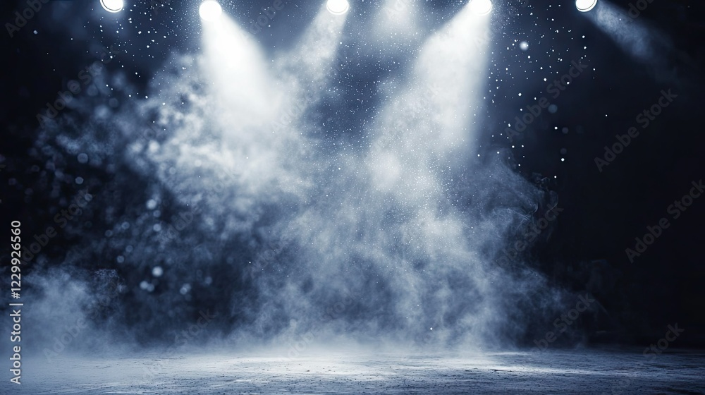 Sticker a hazy atmosphere with bright spotlights shining down in a dark studio, particles floating in the ai
