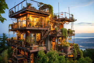 Rusty steel and wood structure adorned with greenery overlooks a serene landscape during twilight