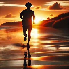 A person is running along a beach with the sun setting behind them
