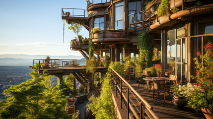 Rusty steel and wood structure adorned with greenery overlooks a serene landscape during twilight