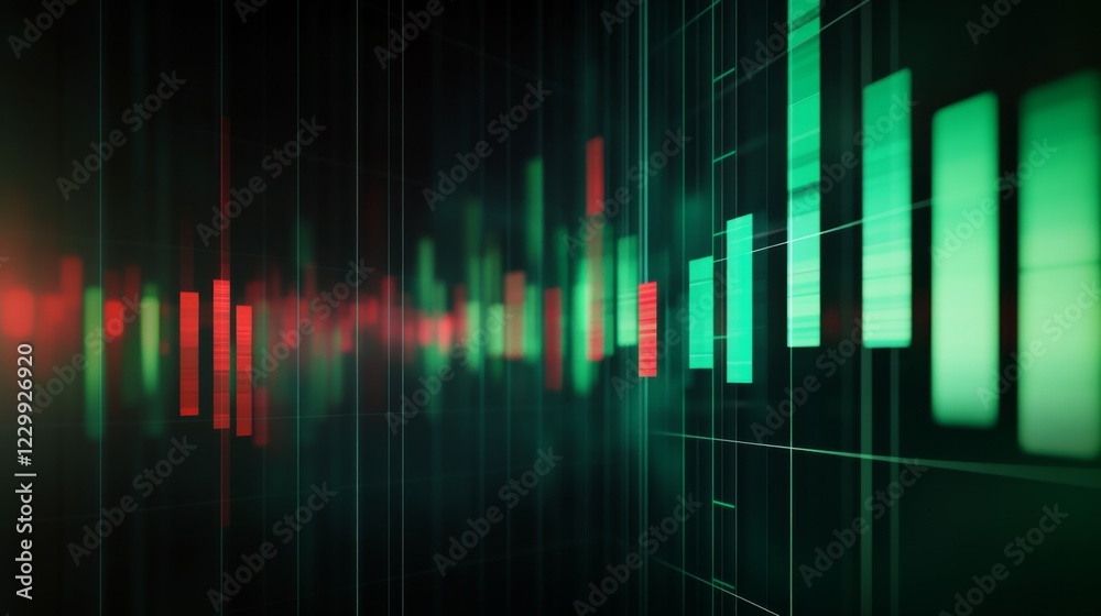 Poster a candlestick chart with green and red bars on a dark digital grid, showcasing financial market tren