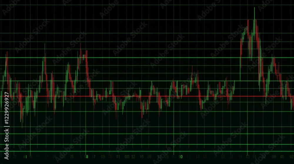 Poster a candlestick chart with green and red bars on a dark digital grid, showcasing financial market tren