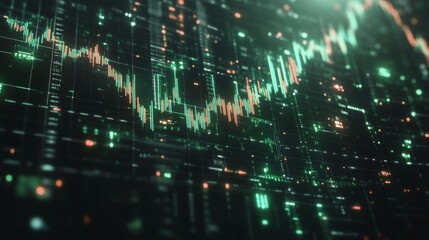 Obraz premium A candlestick chart with green and red bars on a dark digital grid, showcasing financial market trends with clear, sharp lines and labels