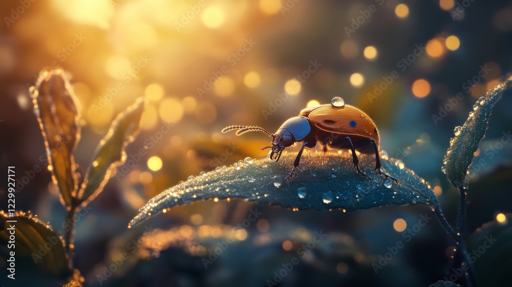 Poster a captivating image of a beetle climbing on a dewy leaf at dawn, with soft sunlight illuminating the