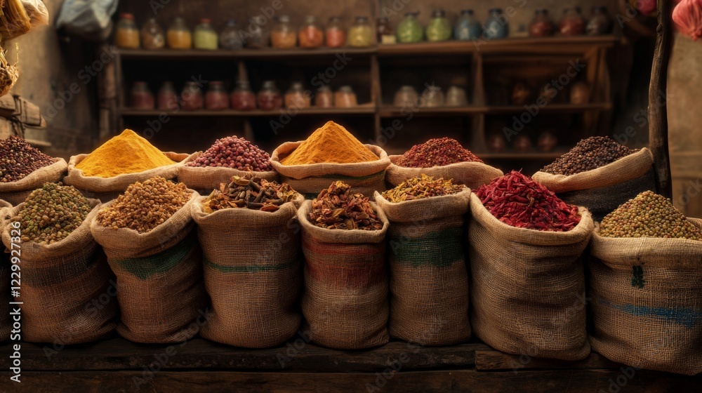 Poster A captivating image of a spice market with vibrant spices in burlap sacks, emphasizing the key ingredients that make Indian cuisine so flavorful and aromatic.