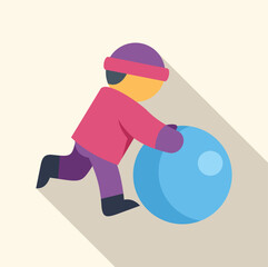 Kid is making a big snowball for building a snowman in winter