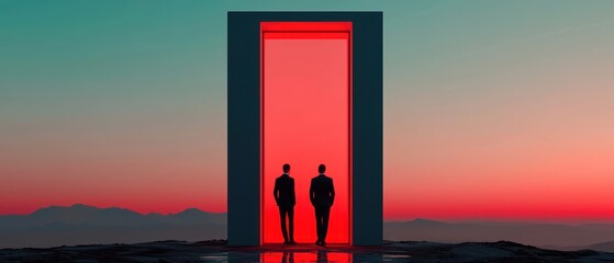 Two figures stand before a glowing doorway against a vibrant sunset backdrop.
