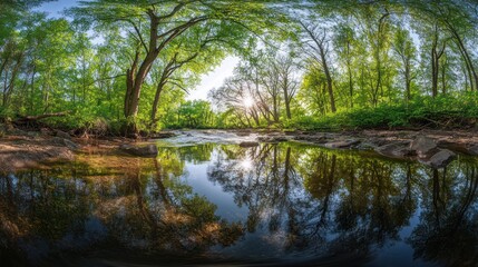 Obraz premium Stream through forest with sunlight, reflected on water for nature and travel use