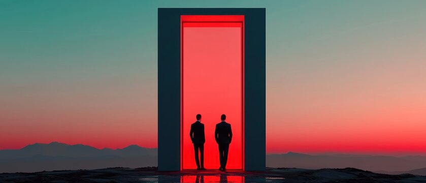 Two figures stand before a glowing doorway against a vibrant sunset backdrop.