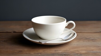 Fototapeta premium A plain white coffee cup with a saucer and spoon