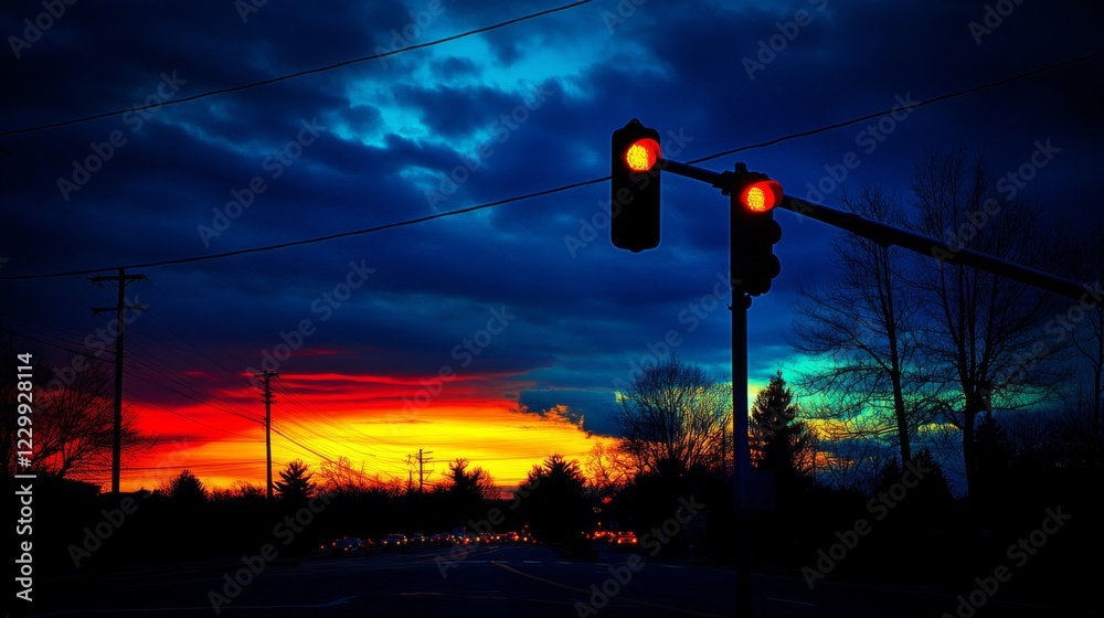 Poster a captivating view of a traffic light at dusk, glowing brightly against a darkening sky, creating a 