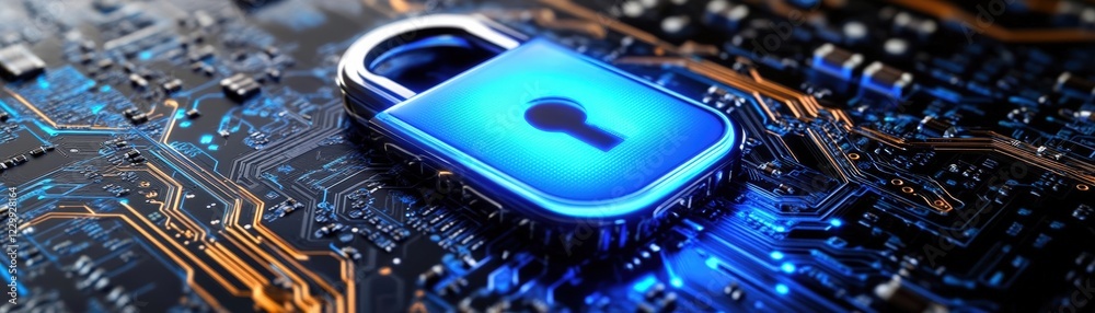 Poster lock positioned on a circuit board highlighting security and technology concepts