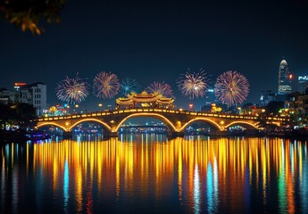 Fototapeta premium Vibrant Night Scene of a Bridge Illuminated by Festive Fireworks and Reflections on a Calm River in an Urban Setting