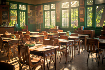Fototapeta premium Dusty old classroom with wooden desks and sunlight streaming through the windows during late afternoon hours