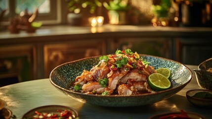 A charming setup featuring a bowl of fried pork belly with fish sauce, beautifully plated with fresh lime and chili, set against a backdrop of a cozy kitchen