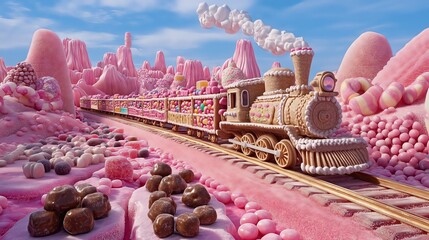 Candy train carrying sweets through a pink landscape