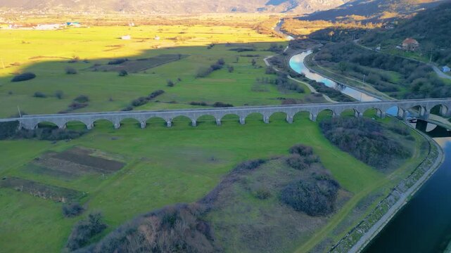Tsarev Bridge over the Zeta River in Montenegro - aerial view