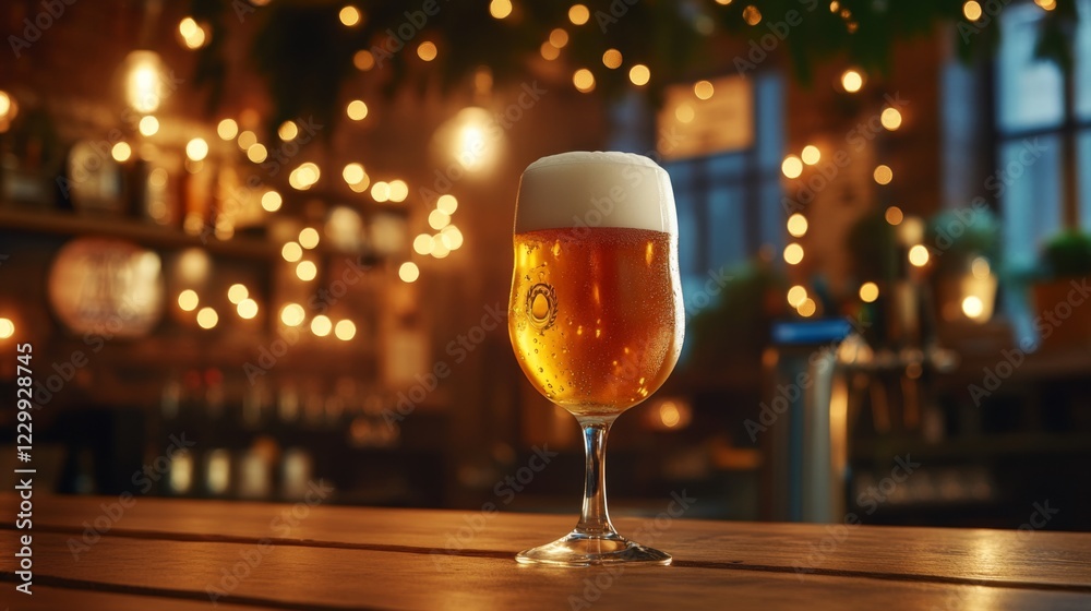 Poster a chilled beer glass filled with pale ale, set against a backdrop of a wooden bar and soft-focus lig