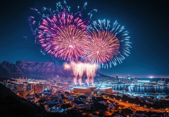 Vibrant Night Sky Over Cityscape with Colorful Fireworks Display Illuminating Mountains and Waterfront