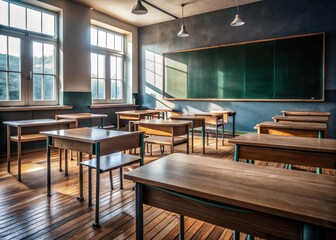 Candid school photo: empty desks and a graphite blackboard; a silent classroom, ready for learning; education photography.