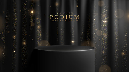 Black product display stand on curtain background Decorated with sparkling glow effect, black luxury background design concept for product promotion and award ceremony.
