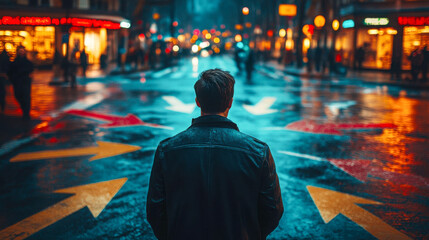 Man stands at a crossroads with multiple arrows indicating different directions under a dramatic sky
