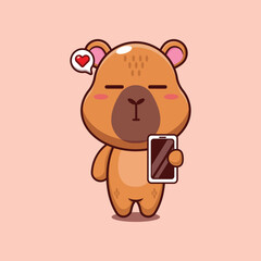 capybara mascot cartoon character vector illustration with mobile phone