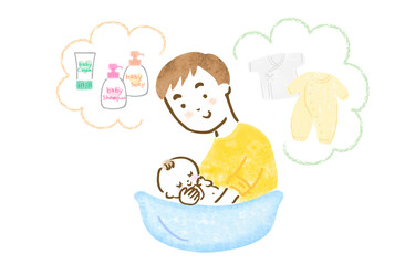 赤ちゃんを沐浴させている父親と小物類の手描きイラスト