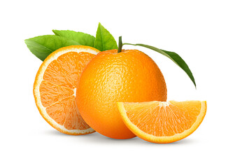 Fresh juicy oranges and green leaves isolated on white. Citrus fruit