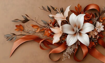 Autumnal floral arrangement, ribbon, wooden background; wedding, invitation