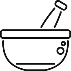Line drawing of a mortar and pestle, actively grinding ingredients, likely for herbal remedies or traditional medicine