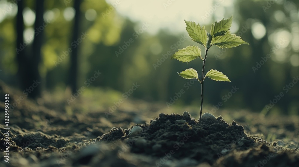 Poster a close-up of a tree sapling with fresh green leaves being planted in the ground, with rich soil and