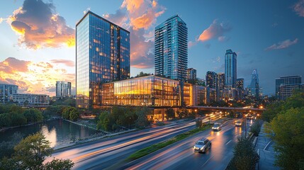 Fototapeta premium Modern Cityscape at Sunset Featuring Skyscrapers and a River