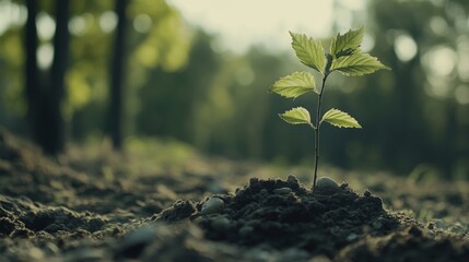 A close-up of a tree sapling with fresh green leaves being planted in the ground, with rich soil and small stones, representing new beginnings in nature