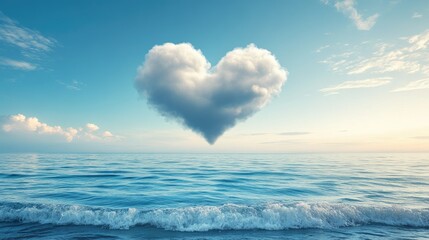 Obraz premium A heart cloud floating over a calm ocean horizon with gentle waves below.