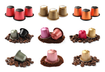 Many different coffee capsules isolated on white, set