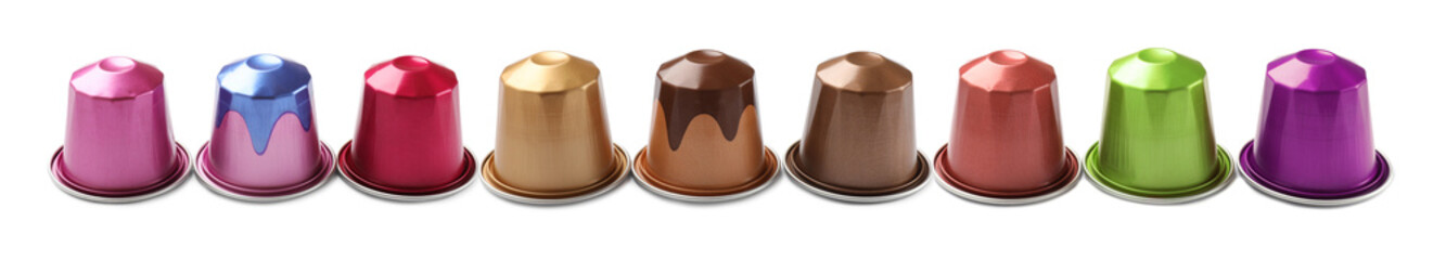 Many different coffee capsules isolated on white, set