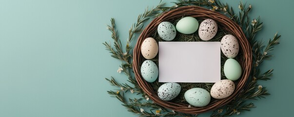 A decorative Easter wreath featuring colorful eggs and a blank card for personalization, set against a soft green background.
