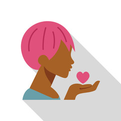 Profile of a young woman with pink hair holding a heart, symbolizing love, care, and affection