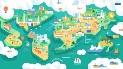 Colorful Illustrated Map of an Imaginary Asian Landscape with Landmarks